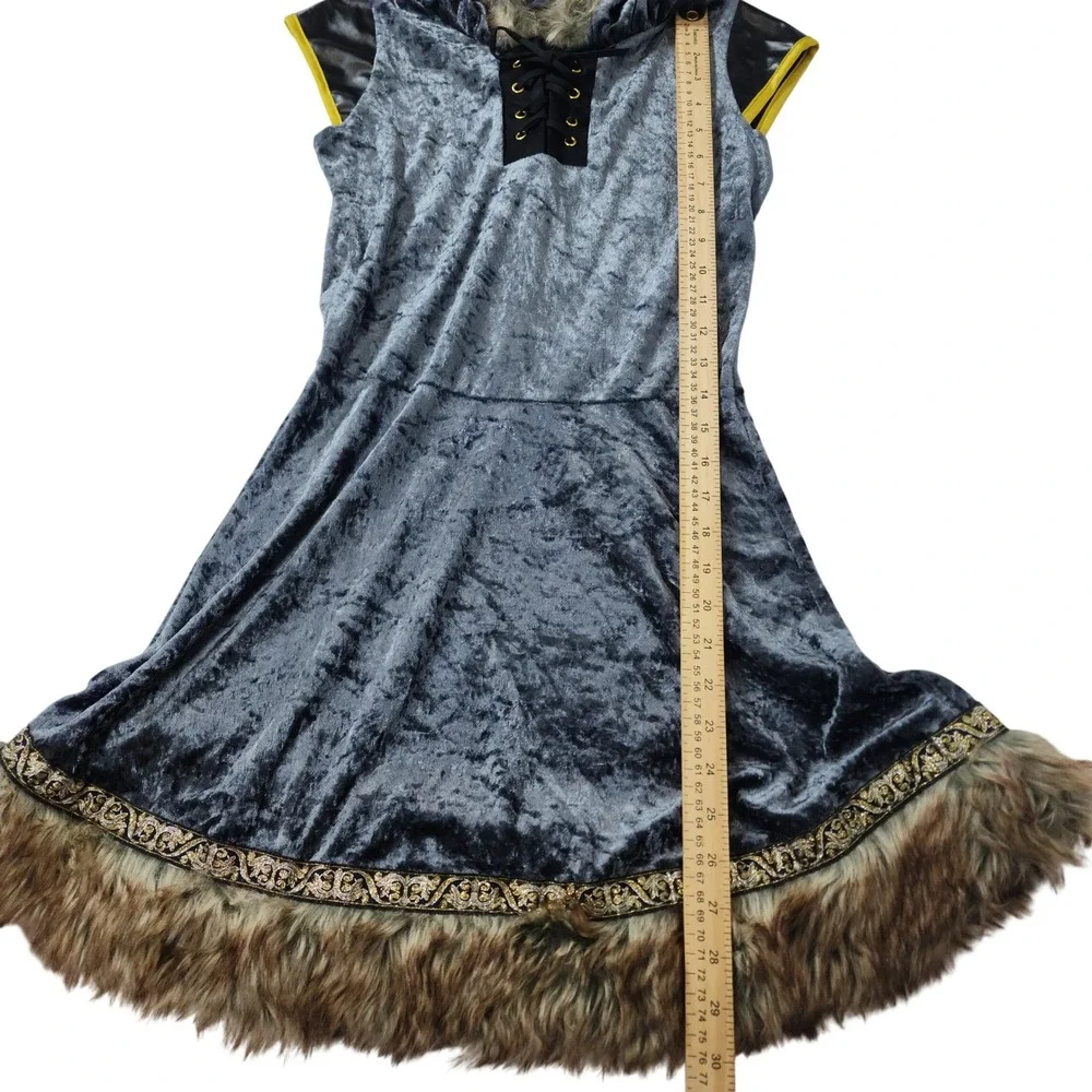 Kids Blue Crushed Velvet Medieval Fantasy Costume Dress  Fur Hood Large 12-14